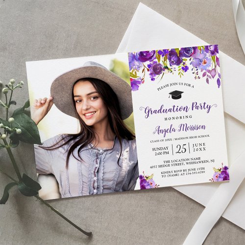 2018 Violet Purple Floral Photo Graduation Party Card