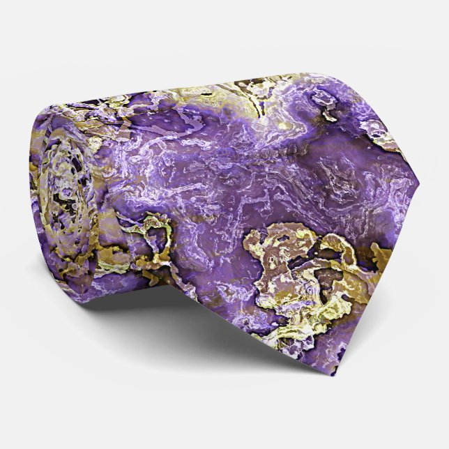 Chic Violet Purple Gold Agate Marble Art Pattern Tie (Rolled)