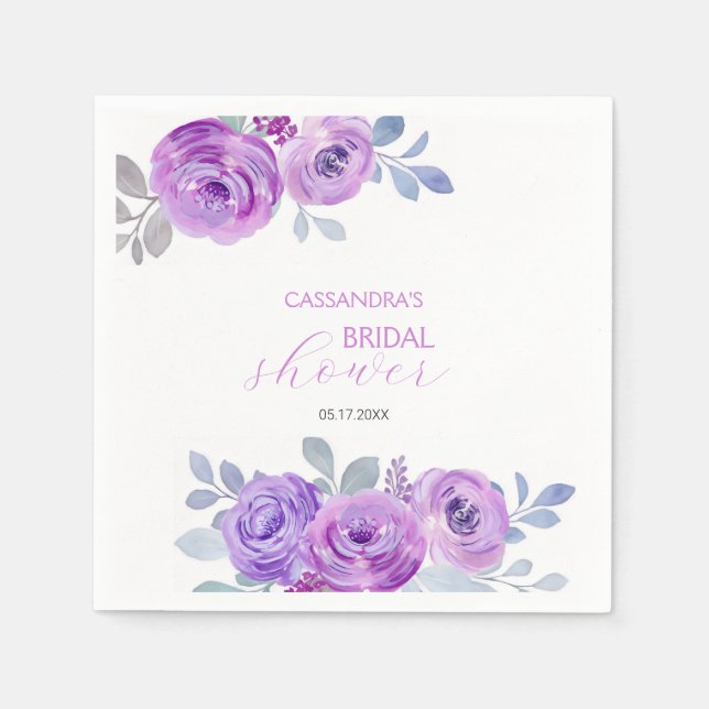 Chic Violet Rose Greenery Floral Bridal Shower  Napkins (Front)
