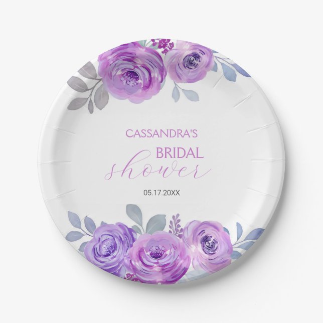 Chic Violet Rose Greenery Floral Bridal Shower  Paper Plates (Front)