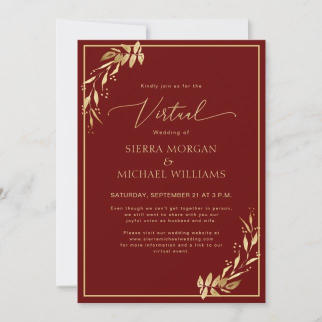 Chic Virtual Burgundy & Golden Foliage Wedding Invitation (Front)
