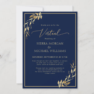 Chic Virtual Navy Blue & Golden Foliage Wedding Invitation