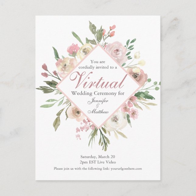 Chic Virtual Spring Floral Blush Pink Wedding Postcard (Front)