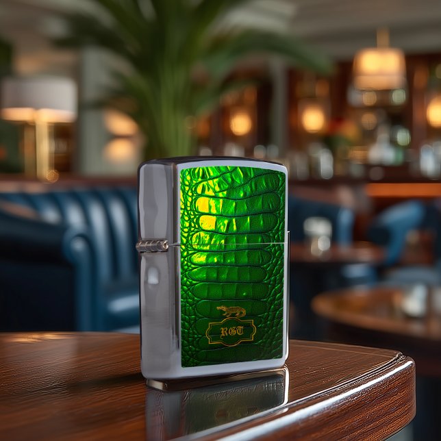 Chic Vivid Green Faux Crocodile Monogrammed  Zippo Lighter (Monogrammed Vivid Green Faux Crocodile Zippo Lighter )
