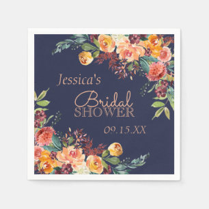 Chic Warm Floral Navy Blue Personalized Napkin