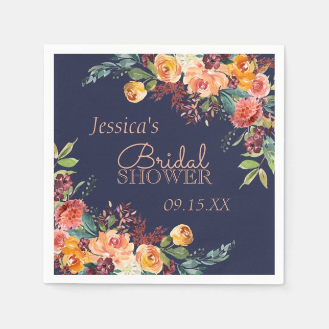 Chic Warm Floral Navy Blue Personalized Napkin (Front)