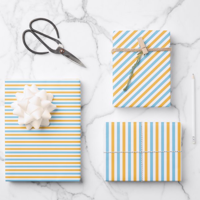 Chic Warm Yellow and Sky Blue Stripes Wrapping Paper Sheets (Front)