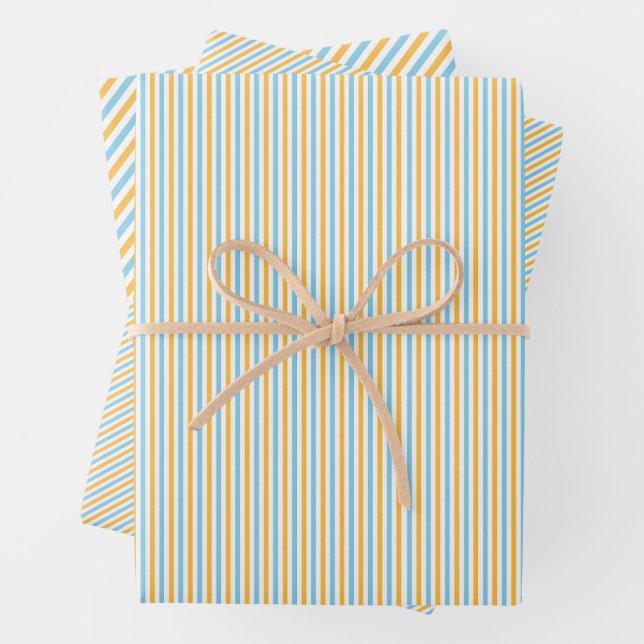 Chic Warm Yellow and Sky Blue Stripes Wrapping Paper Sheets (In situ)