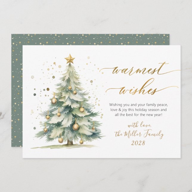 Chic Warmest Wishes Gold Script Christmas Tree Holiday Card (Front/Back)