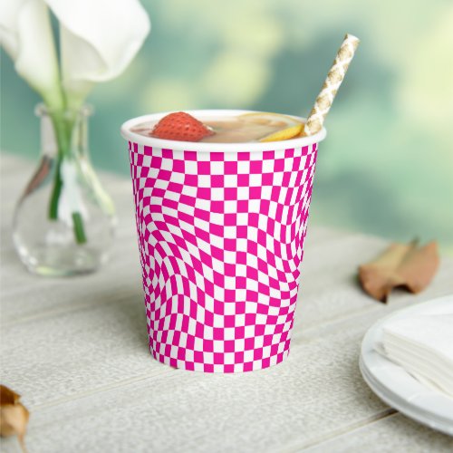 Chic Warped Checkered Pattern Magenta Pink  White Paper Cups