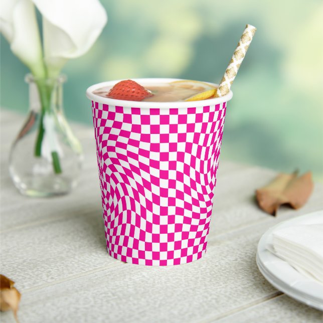 Chic Warped Checkered Pattern Magenta Pink & White Paper Cups (Insitu)
