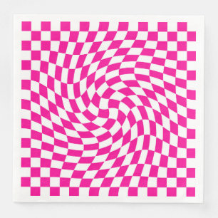Chic Warped Checkered Pattern Magenta Pink & White Paper Dinner Napkins