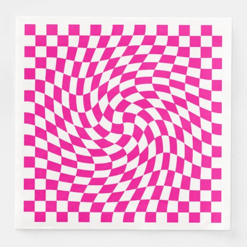 Chic Warped Checkered Pattern Magenta Pink  White Paper Dinner Napkins