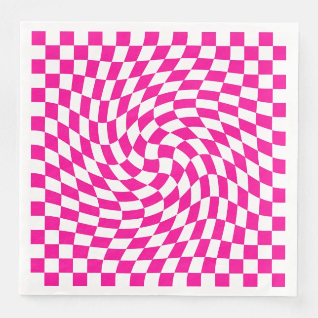 Chic Warped Checkered Pattern Magenta Pink & White Paper Dinner Napkins (Front)