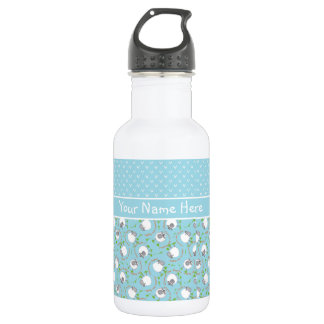 Chic Water Bottle: Blue, White, Fun Sheep Patterns Bottle