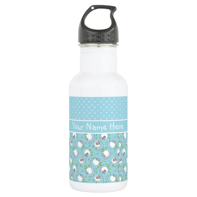 Chic Water Bottle: Blue, White, Fun Sheep Patterns Bottle (Front)