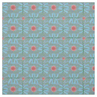Chic Water Lilies and Dragonflies on Blue Fabric