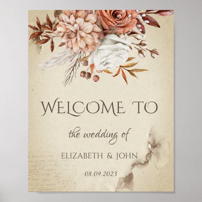 Chic Watercolor Autumn Flowers Save The Date  Poster (Front)