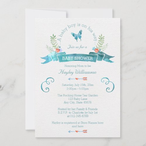 Chic Watercolor Banner Butterfly Boy Baby Shower Invitation