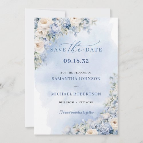 Chic watercolor blue and beige peonies roses  save the date