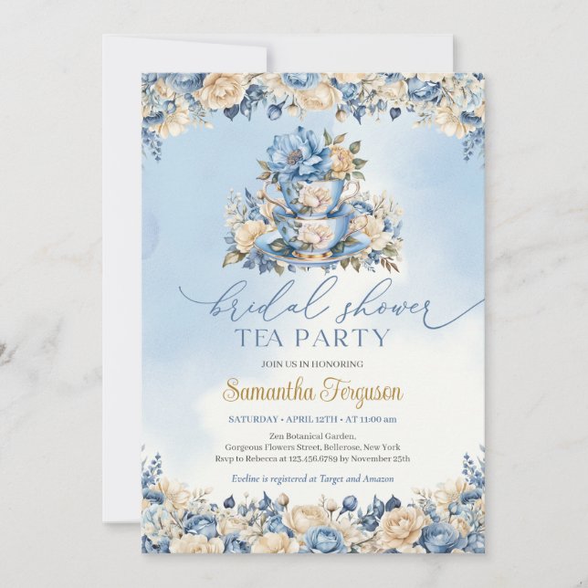 Chic watercolor blue and ivory floral tea party invitation (Front)