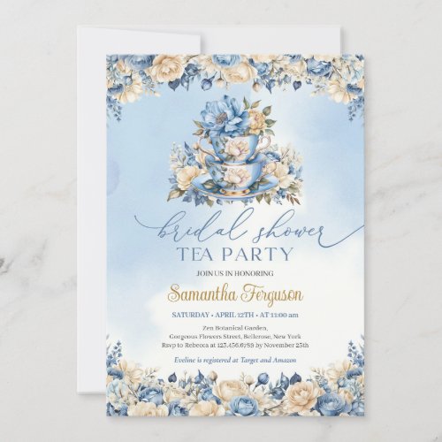 Chic watercolor blue and ivory floral tea party invitation