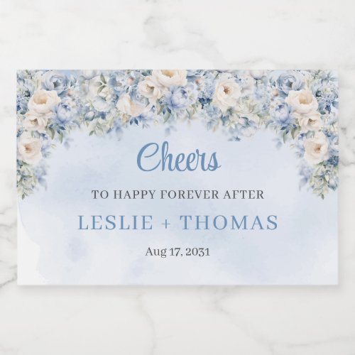 Chic watercolor blue and ivory roses eucalyptus liquor bottle label