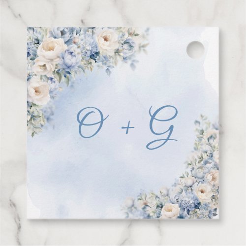 Chic watercolor blue and white flowers monogram favor tags