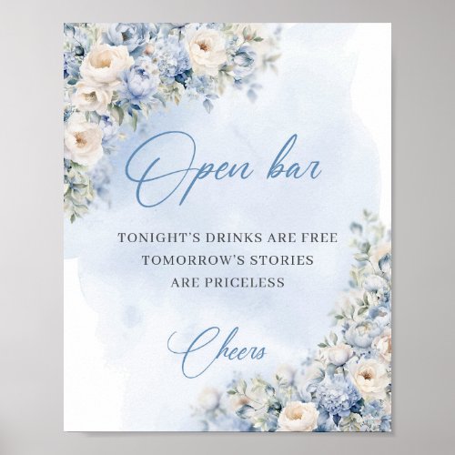 Chic watercolor blue and white roses open bar poster