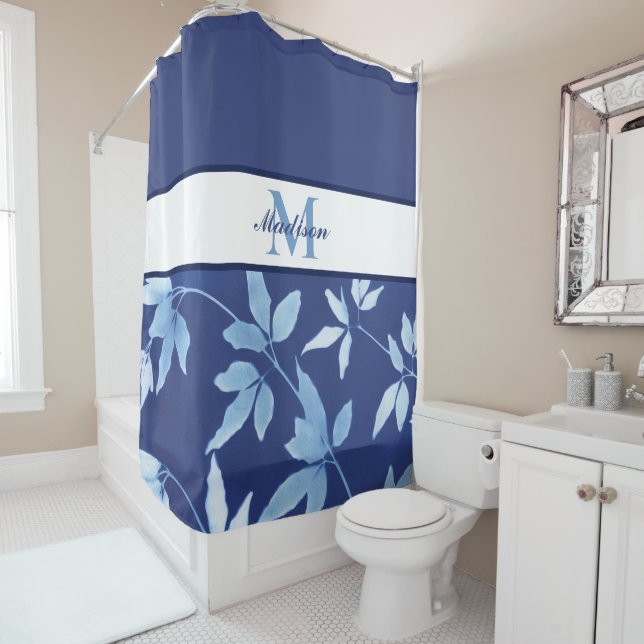 Chic Watercolor Blue Floral Monogram Shower Curtain (In Situ)
