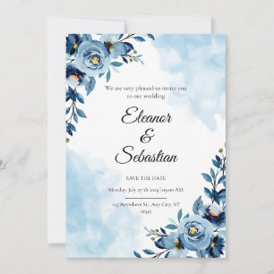 Chic Watercolor Blue Flower Save the Date Wedding Invitation