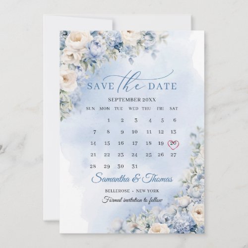 Chic watercolor blue flowers eucalyptus calendar save the date
