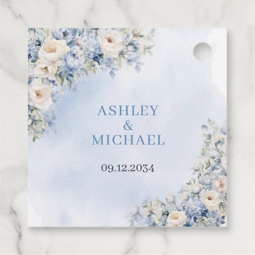 Chic watercolor blue flowers eucalyptus greenery favor tags
