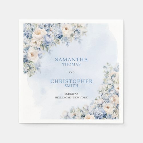 Chic watercolor blue hydrangea white flowers napkins