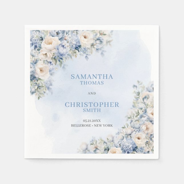 Chic watercolor blue hydrangea white flowers napkins (Front)