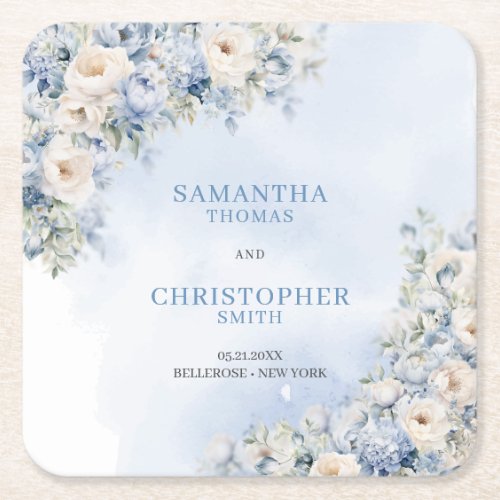 Chic watercolor blue hydrangea white roses square paper coaster