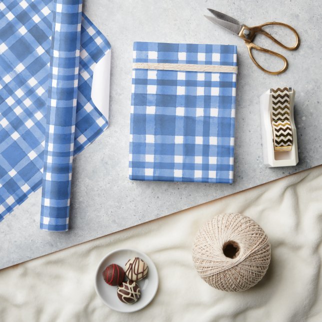 Chic Watercolor blue Plaid pattern  Wrapping Paper (Crafts)