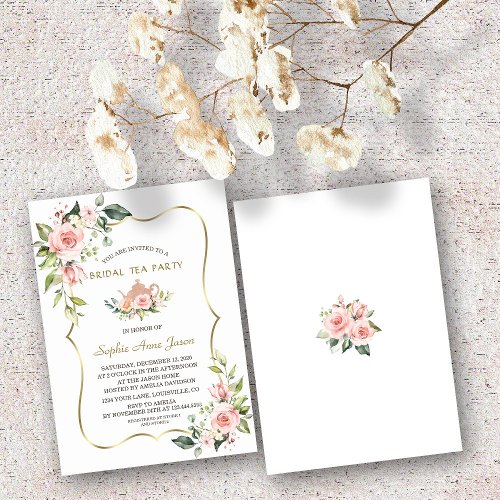 Chic Watercolor Blush Floral Gold Bridal Tea Party Invitation