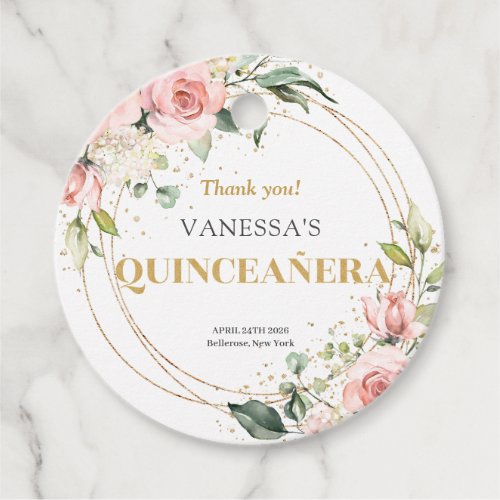 Chic watercolor blush floral gold sage Quinceanera Favor Tags