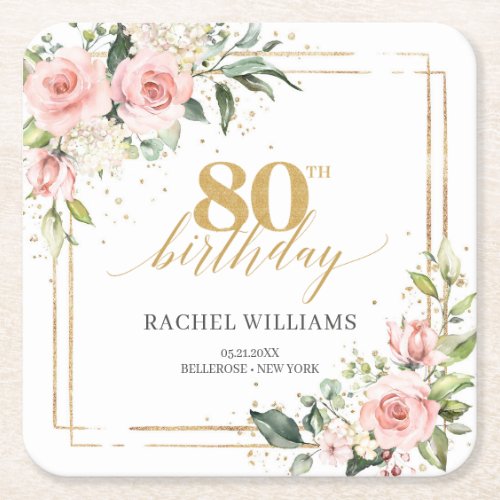 Chic watercolor blush flowers boho 80th birthday  square paper coaster