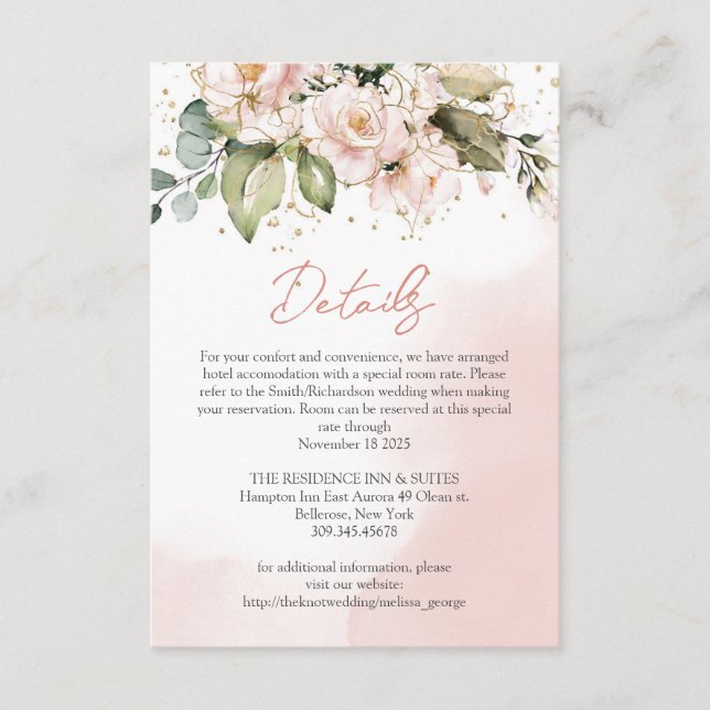 Chic watercolor blush flowers eucalyptus Details Enclosure Card (Front)