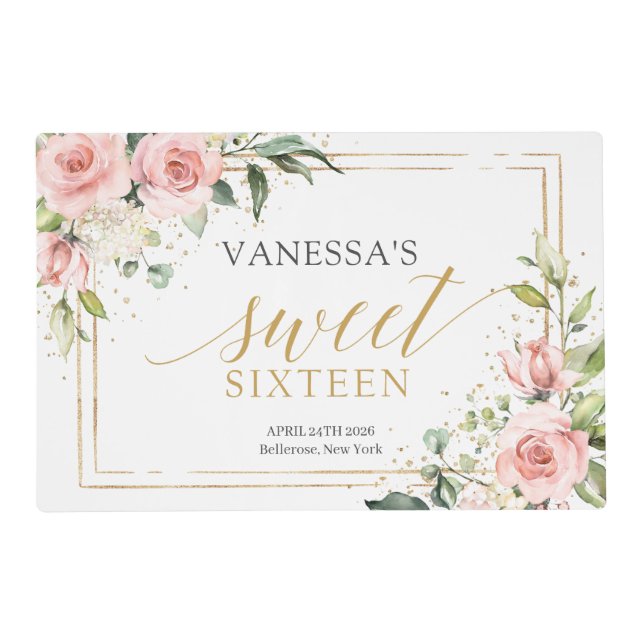 Chic watercolor blush flowers eucalyptus gold 16th placemat (Front)