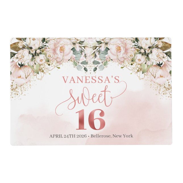 Chic watercolor blush flowers eucalyptus gold 16th placemat (Front)