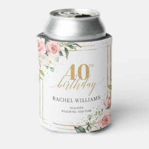 Chic watercolor blush flowers eucalyptus gold 40th can cooler