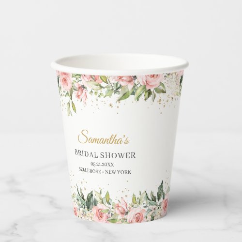 Chic watercolor blush flowers eucalyptus gold paper cups