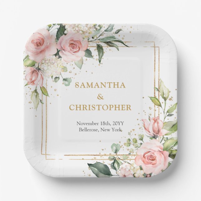 Chic watercolor blush flowers eucalyptus gold paper plates (Front)
