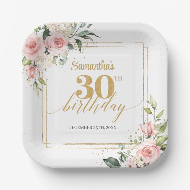 Chic watercolor blush flowers eucalyptus gold paper plates (Front)