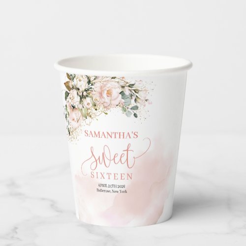 Chic watercolor blush flowers gold 16th birthday  paper cups