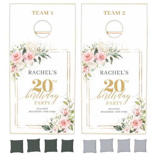 Chic watercolor blush flowers gold 20th birthday cornhole set