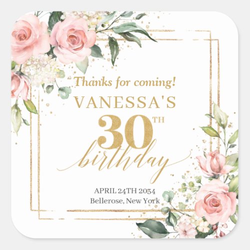Chic watercolor blush flowers gold 30th birthday square sticker